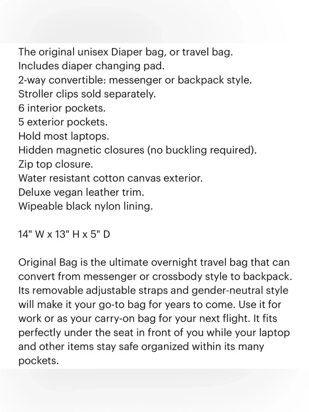 Bodomint Gender Neutral Nylon Vegan Leather Laptop Diaper Bag Multi Use Bag